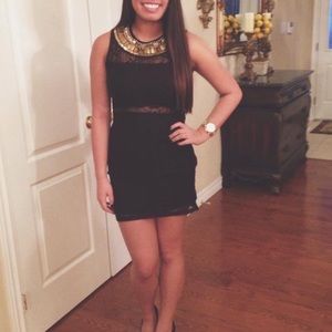 Gold Detail & Black Lace Mini Dress